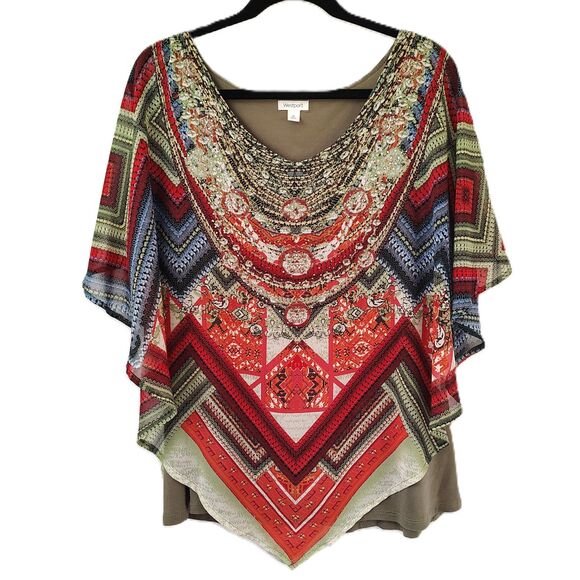 WESTPORT Boho Hippie Sheer Lined 1X Women's Plus Size Blouse Studded Jeweled - Picture 1 of 6